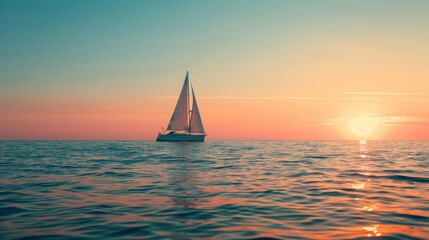 Sailing ship in sea water at sunset.
