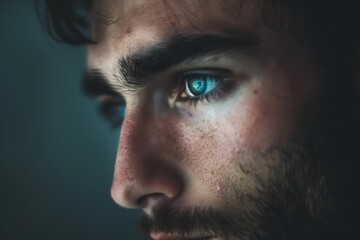Obraz premium A close-up view of a man with striking blue eyes, portraying a contemplative expression, A man with piercing eyes and a contemplative expression