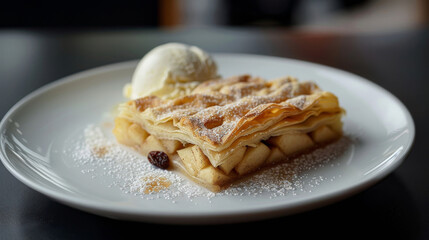 Scrumptious estonian apple cake paired with a scoop of vanilla ice cream, an ideal dessert or indulgent treat