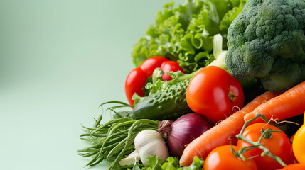 Assorted vegetables form a colorful pile against a serene light green backdrop, leaving room for text