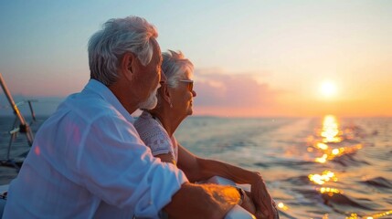 A lovely couple on deck of yacht in sea.