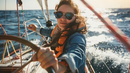 A female ship captain is navigating a sailing boat in sea.