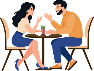 Couple enjoying a romantic date drinking coffee together.Happy man and woman sitting at a table and chatting in a cafe or talking during a break. Vector flat illustration.