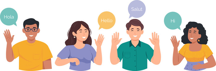 Diverse smiling people  say hello on different foreign languages and waving hands. Multinational happy young male and female characters greetings, friendly gestures. Flat vector illustration