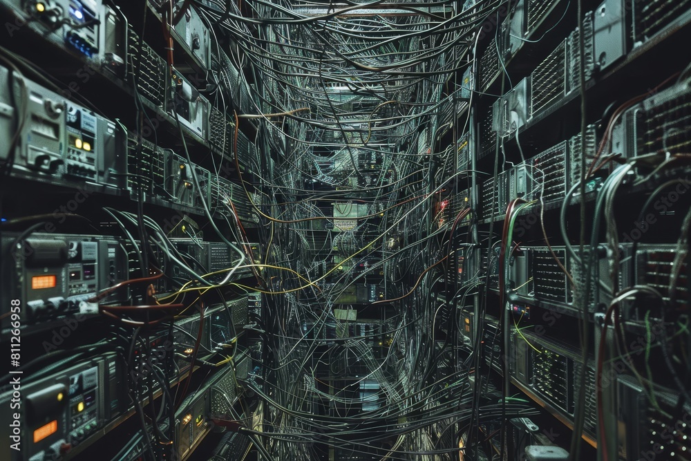 Aufkleber a large room filled with countless wires and connectors creating a complex network, a massive networ