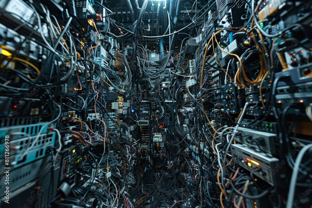 Poster room filled with numerous tangled wires and connectors, creating a chaotic and disorderly scene, a m
