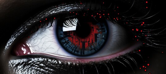 Cybernetic vision  hacker or ai robot eye in dark technological realm, close up on digital backdrop