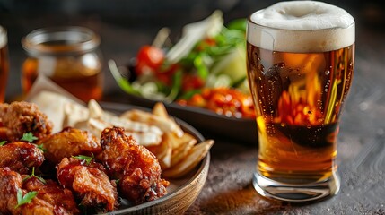 Tasty chicken wings with cold beverage