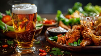 a glass of beer and chicken wings