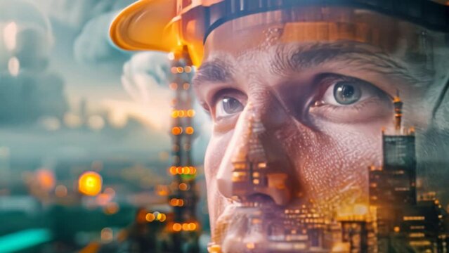A close-up of a factory worker's face overlaid with a cityscape, symbolizing the human element within the industrial landscape.