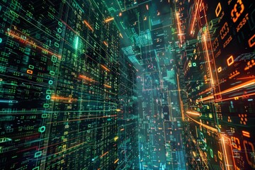 Naklejka premium Abstract representation of a futuristic city with numerous bright lights illuminating the landscape, a matrix-like grid of numbers and symbols forming a digital masterpiece