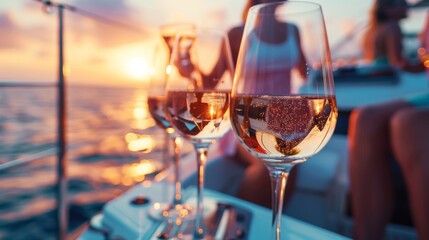 Obraz premium Wine glass on luxury yacht in sea water at sunset with colorful sky.