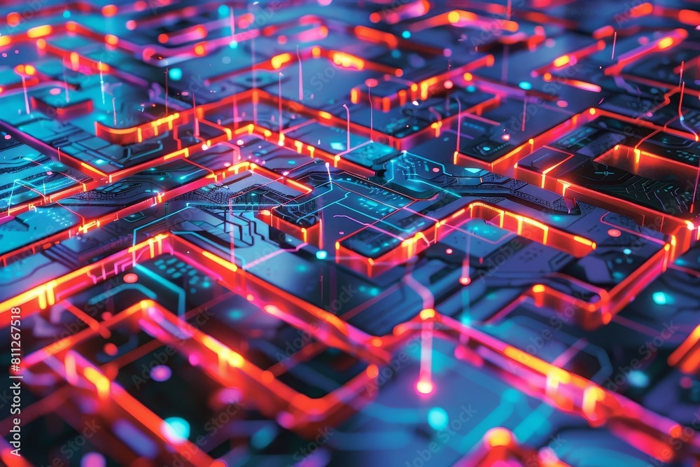 Poster complex interconnected nodes and pathways on a computer circuit board, a maze of interconnected node