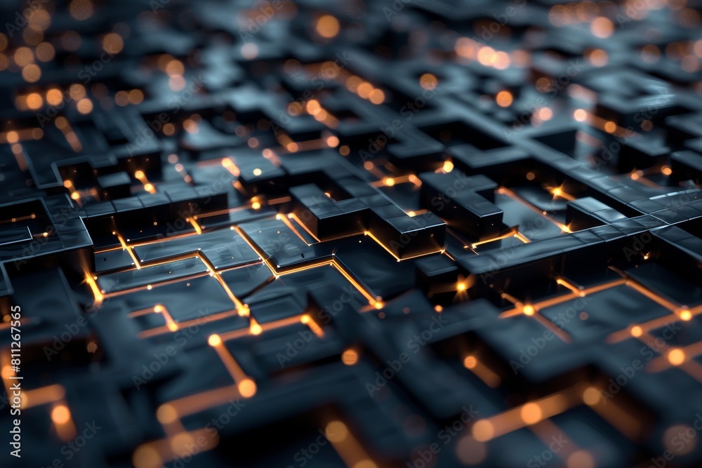Poster detailed view of a computer keyboard showing keys in focus, a maze of interconnected nodes and pathw