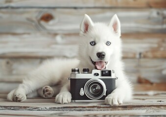 Cute siberian husky puppy with camera on wooden background