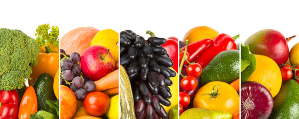 Set of vegetables and fruits. Free space for text. Collage.Wide photo.