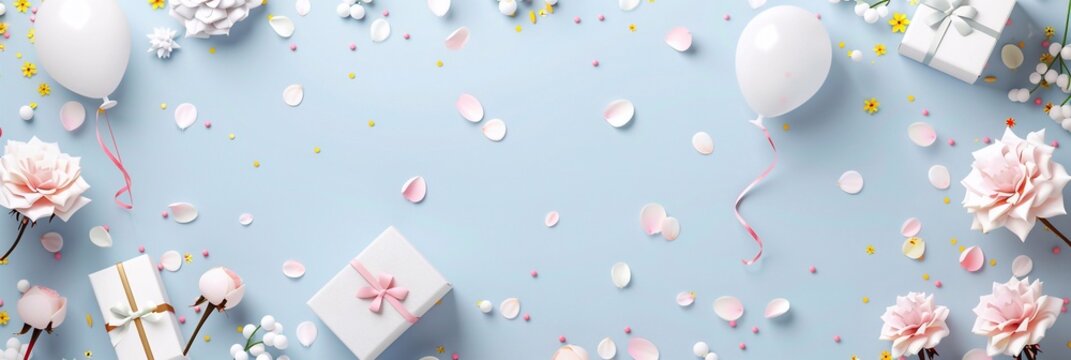 Happy birthday banner. Festive design realistic white air balloons, gift boxes, buds of bright flowers and petals. Celebrate poster, greeting card, headers website. Design horizontal and flat top view