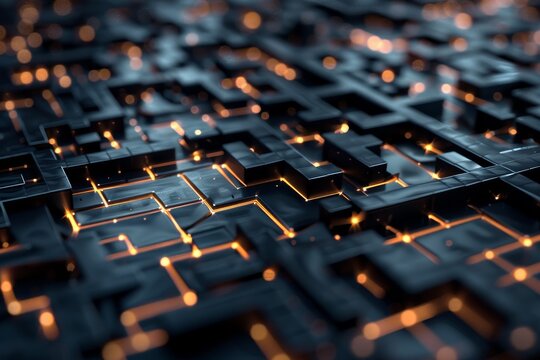 Detailed view of a computer keyboard showing keys in focus, A maze of interconnected nodes and pathways