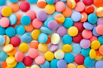 Habits, medication, pills, capsules, drugs, medicine, medical regime.. Multicolored tablets on white background