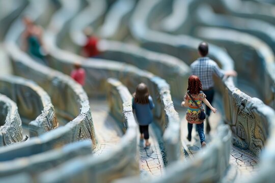 Multiple individuals navigating a complex maze, each finding their way through the twists and turns, A maze with each family member navigating their own path towards understanding and growth
