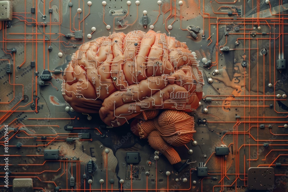 Poster computer circuit with brain, a mechanical brain with intricate circuits and wires interconnected