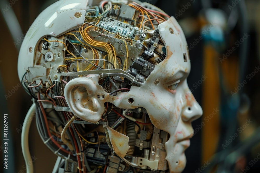 Poster a robot head adorned with numerous wires and circuits, showcasing intricate mechanical details, a me