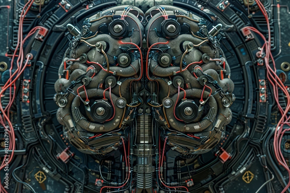 Poster a detailed computer-generated rendering of a human brain, showcasing intricate circuits and wiring, 