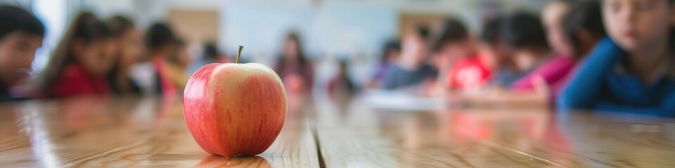 Red apple on wooden table in a cafe. Selective focus.