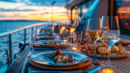 Fototapeta premium Luxury fine dinner with champagne wine on luxury yacht in sea.