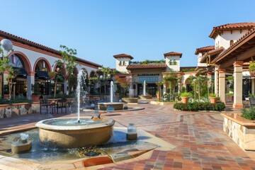 A courtyard featuring a clay-tiled fountain at its center, surrounded by Mediterranean-inspired...