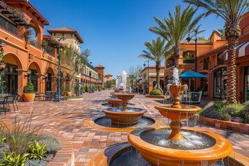 A city street featuring a fountain in the center of a Mediterranean-inspired plaza, A...