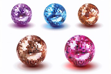 A group of disco ball vector illustrations created for use on various design projects. Vector images of disco balls, ideal for creating backgrounds, posters, websites and other visual materials.