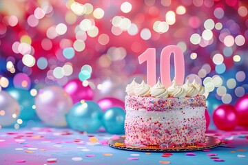 Sweet Birthday cake with number 10 on top on colorful bokeh background, 10th years old happy birthday Cake, copy space