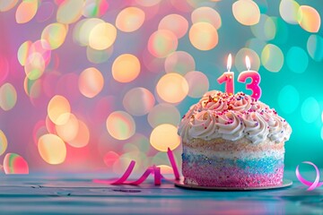 Sweet Birthday cake with number 13 on top on colorful bokeh background, 13th years old happy birthday Cake, copy space