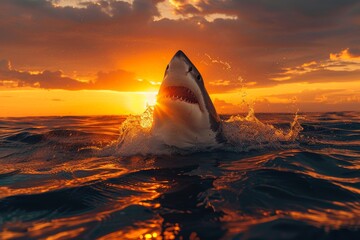 A daunting great white shark breaches powerfully in the midst of a fiery ocean sunset backdrop