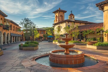 Mediterranean-inspired plaza with clay-tiled fountain in the center, A Mediterranean-inspired plaza with clay-tiled fountains and sun-soaked terraces