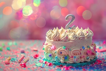 Sweet Birthday cake with number 2 on top on colorful bokeh background, 2th years old happy birthday Cake, copy space, 