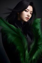 Fototapeta premium Fashion editorial Concept. Closeup portrait of stunning pretty asian woman with chiseled features, wrapped in green soft feathers boa. illuminated dynamic composition dramatic lighting. 