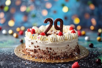 Sweet Birthday cake with number 29 on top on colorful bokeh background, 29th years old happy birthday Cake, copy space, 