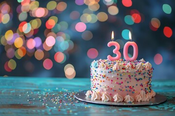 Sweet Birthday cake with number 30 on top on colorful bokeh background, 30th years old happy birthday Cake, copy space, 