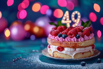 Sweet Birthday cake with number 49 on top on colorful bokeh background, 49th years old happy birthday Cake, copy space
