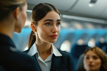 Beautiful young air hostess in an airplane