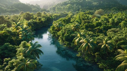 aerial shot of a river surrounded by tropical trees realistic