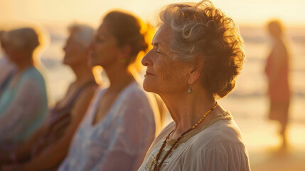 Fototapeta premium A group of older women are sitting on the beach, enjoying the sun
