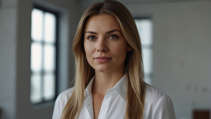 Fototapeta premium Woman executive director wearing a white suit coat in an office building