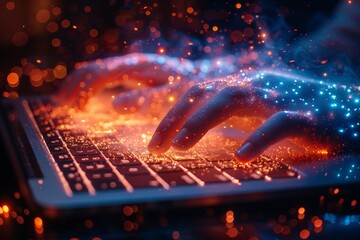 Naklejka premium Hands actively typing on a laptop keyboard, with an overlay of digital light effects, evoking a feel of high-tech interaction