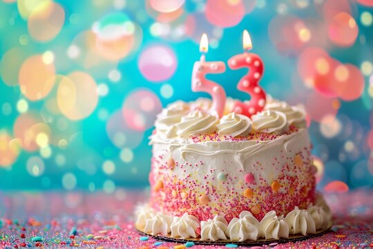 Sweet Birthday cake with number 53 on top on colorful bokeh background, 53th years old happy birthday Cake, copy space