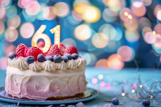 Sweet Birthday cake with number 61 on top on colorful bokeh background, 61th years old happy birthday Cake, copy space