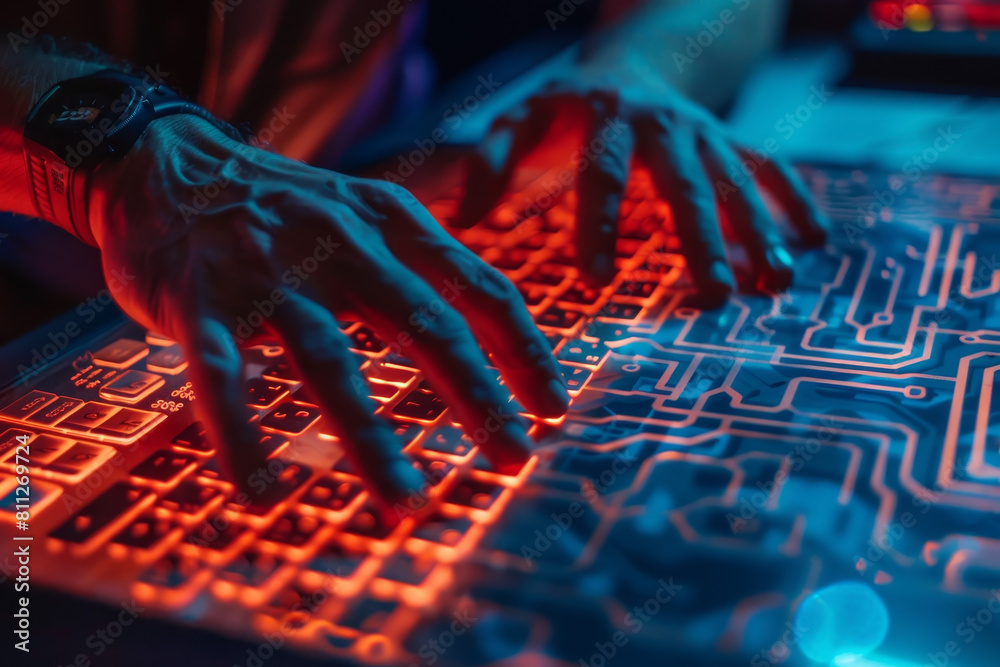 Poster a man is typing on a keyboard with red keys