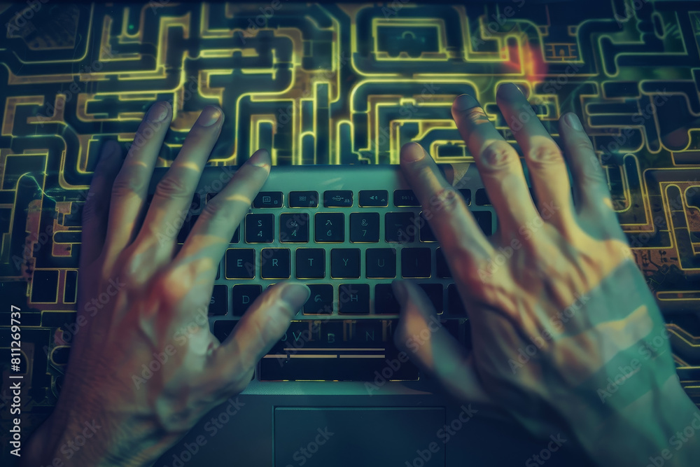 Wall mural a person is typing on a laptop with a maze pattern on the screen